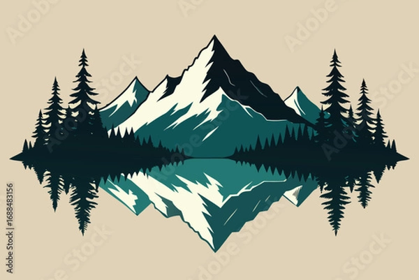 Fototapeta Stylized Mountain Landscape with Forest, Lake Reflection, and Retro Beige Background Art