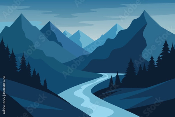 Fototapeta Stylized Mountain Valley Illustration with River and Pine Trees in Shades of Blue and Light Gray