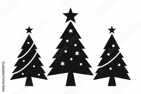 Fototapeta Three Black and White Christmas Trees with Stars and Decorations, Isolated on White