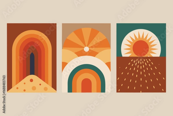 Fototapeta Three Boho Geometric Prints with Arches, Sun, and Earth Tone Colors in Square Frames
