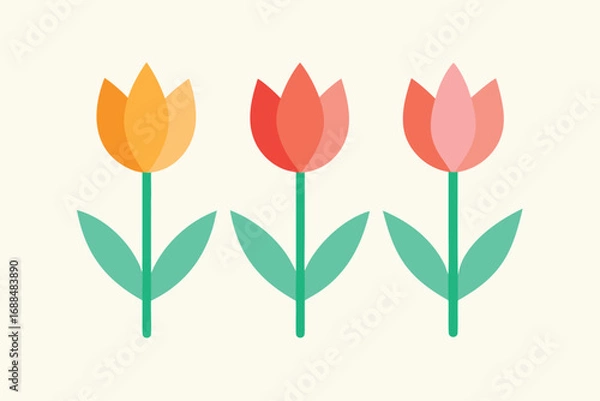Fototapeta Three Flat Design Tulips with Green Stems and Leaves on Beige Background, Simple Illustration