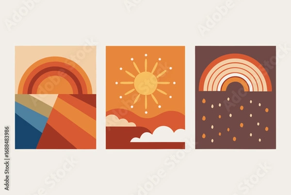 Fototapeta Three RetroInspired Art Prints Featuring Sun, Rainbow and Geometric Abstract Landscape Designs