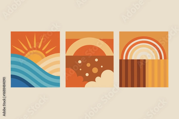 Fototapeta Three Square Abstract Panels Sun Over Waves, Clouds, and Rainbow Over Vertical Stripes