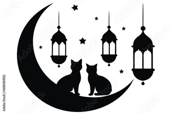 Fototapeta Two Black Cats on a Crescent Moon with Lanterns and Stars Silhouette