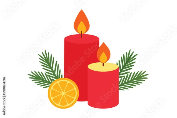 Fototapeta Two Red Candles with Flames, Orange Slice, and Green Pine Sprigs on White Background
