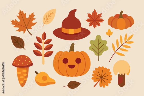 Fototapeta Whimsical Autumn Elements Pumpkins, Leaves, Mushrooms, and a Witch Hat in Playful Flat Design