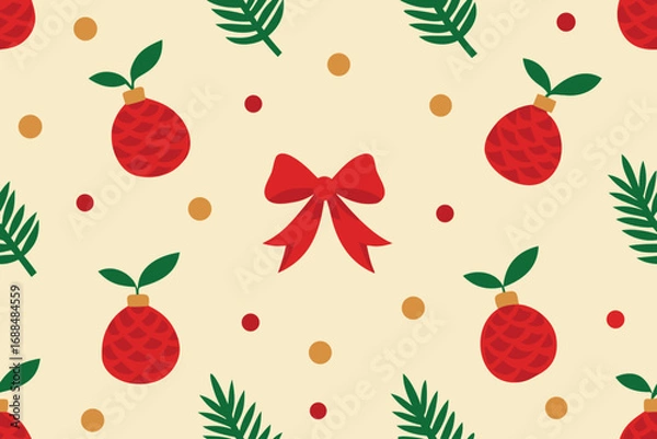 Fototapeta Whimsical Christmas Pattern with Red Bow, Ornament Decorations, and Green Foliage on Beige Background