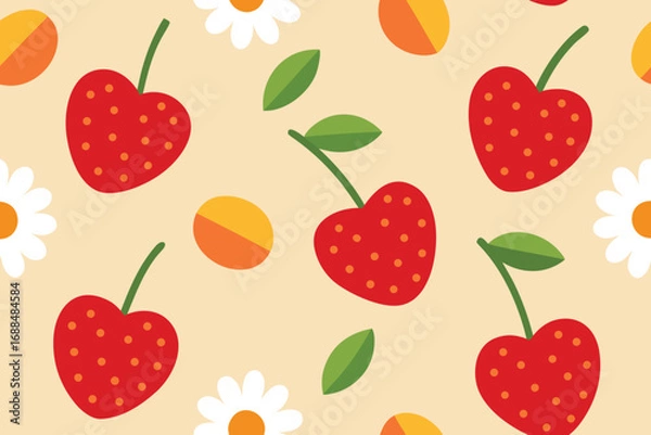 Fototapeta Whimsical Cartoon Pattern with Strawberries, Cherries, Daisies and Citrus on Pale Yellow Background
