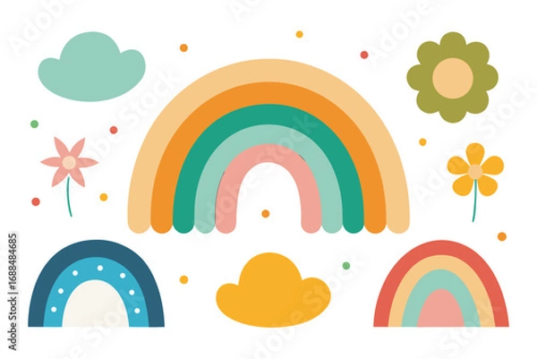 Fototapeta Whimsical Rainbow Collection Clouds, Flowers, and Colorful Arches on White Background for Arts and Crafts
