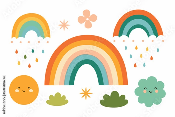 Fototapeta Whimsical Rainbows, Smiling Sun and Cloud, and Floral Elements on a White Background