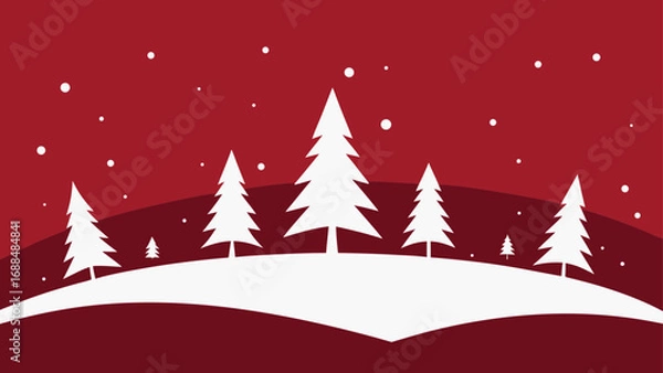 Fototapeta Winter with White Trees and Snowfall on a Red Background