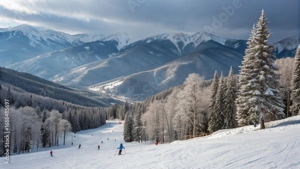 Obraz Winter Mountain Landscape with Ski Slopes and Snow-Covered Trees
Majestic Snowy Mountains with Ski Trails and Evergreen Forest
A Picturesque Ski Resort Scene on a Crisp Winter Day