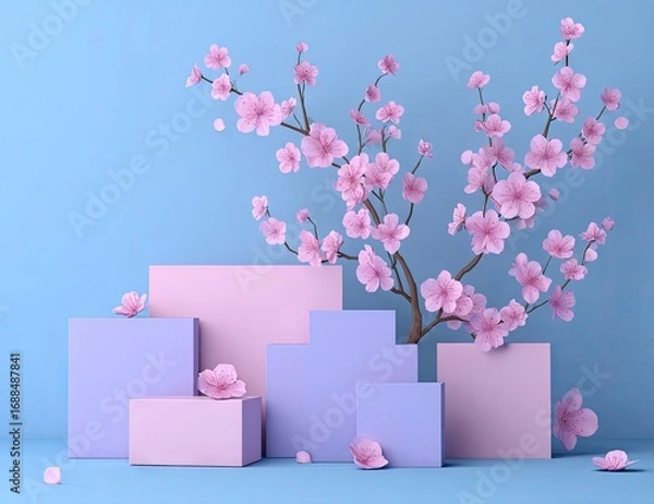 Fototapeta Pastel-toned display with blossoming cherry tree and geometric shapes.