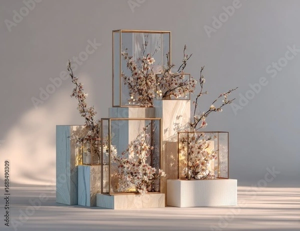 Fototapeta Decorative display of blossoms in glass containers on tiered platforms.