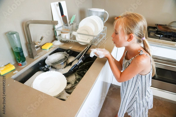 Obraz Little girl blowing soap foam bubbles while helping wash dishes in modern home kitchen