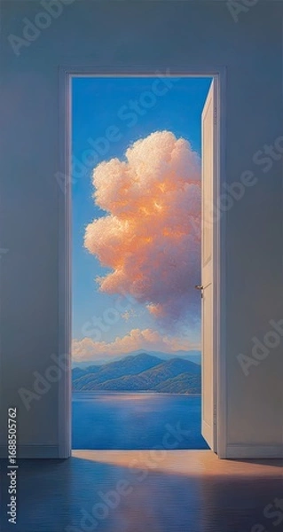 Fototapeta A serene vista through an open doorway, showcasing a tranquil seascape with a dramatic cloud.