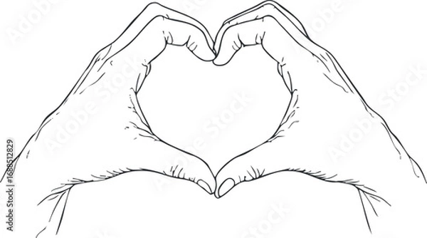 Fototapeta Black and white line drawing of two hands forming a heart shape symbolizing love and affection.