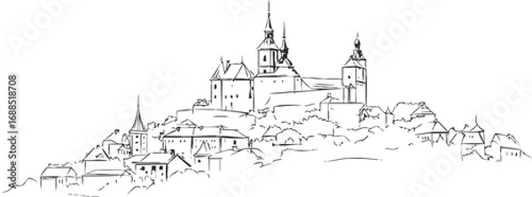 Fototapeta Black and white line drawing of a historic hilltop castle with surrounding village and steeples
