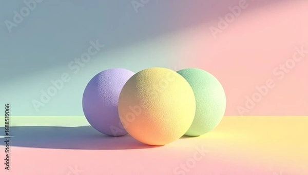 Fototapeta Three pastel-colored spheres on a gradient background.