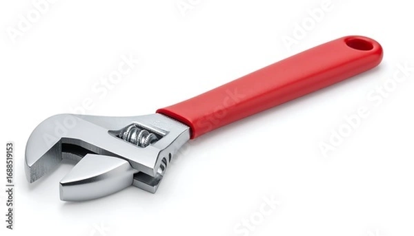 Fototapeta A chrome adjustable wrench with a red handle, isolated on a white background.  Close-up, studio shot