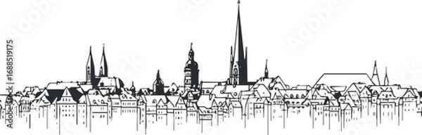 Fototapeta Black and white line art of a city skyline with various buildings and church spires in an urban setting