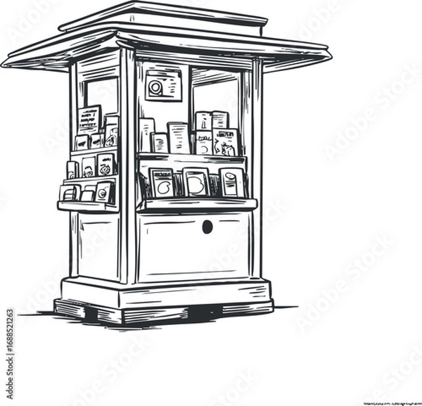 Fototapeta Black and white illustration of a newsstand kiosk displaying books and magazines for sale on the street.