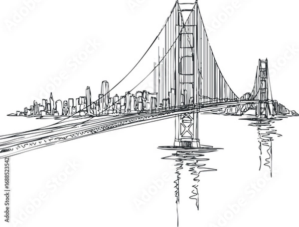 Fototapeta Black and white sketch of a suspension bridge spanning a river with a city skyline in the background and reflection in water