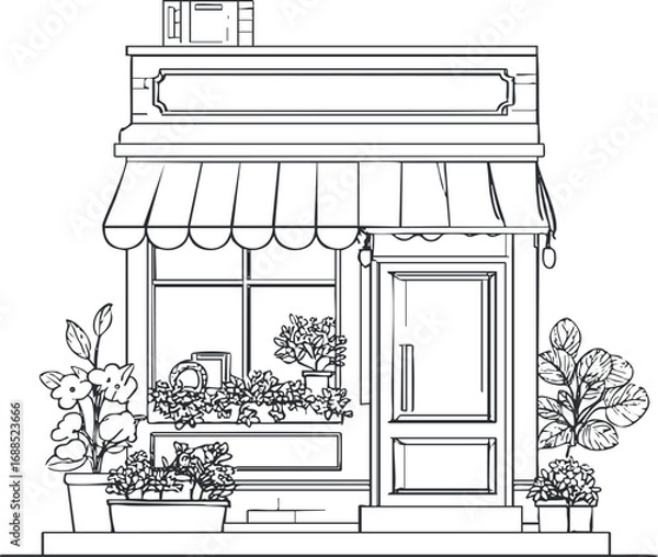 Fototapeta Black and white line drawing of a storefront with an awning, front door, window, and various potted plants and flowers.