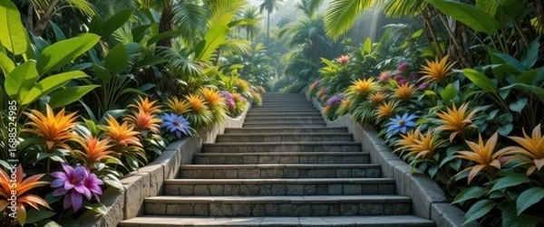 Fototapeta  Exotic Stone Steps Leading Through a Tropical Green Garden Bursting with Colorful Blooms