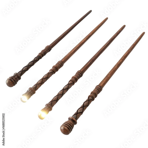 Fototapeta witch craft supplies Four intricately designed magic wands arranged in a row.