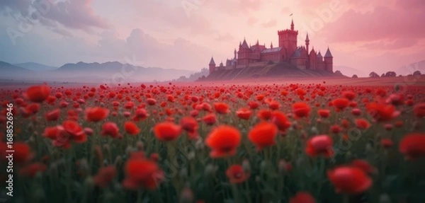 Fototapeta  A castle displaying a radiant ruby hue is perched above a field of poppies blurred into soft color, creating a vivid yet dream