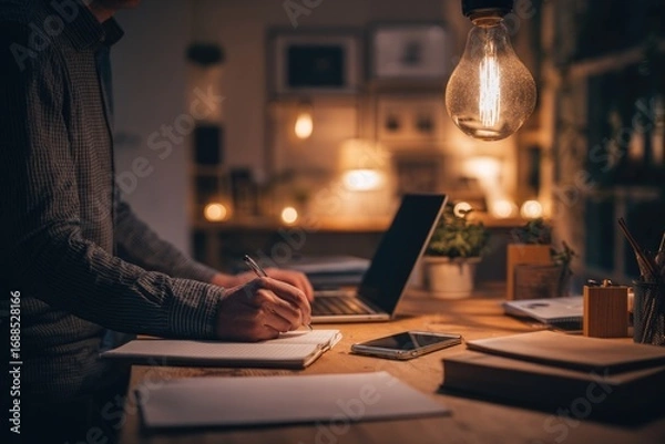 Fototapeta Man working late at home office on a laptop, planning startup finances with notebook and smartphone, cozy modern interior.