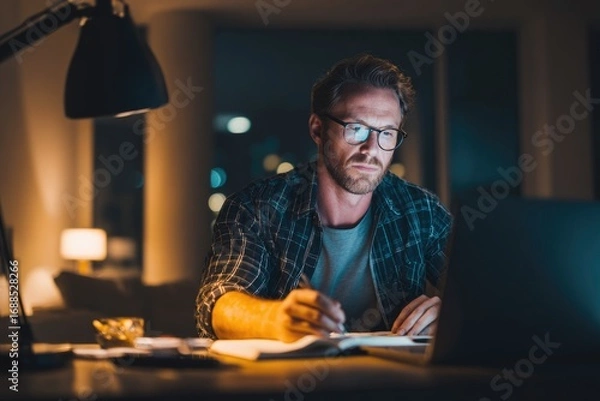 Fototapeta Man working late at home office on a laptop, planning startup finances with notebook and smartphone, cozy modern interior.