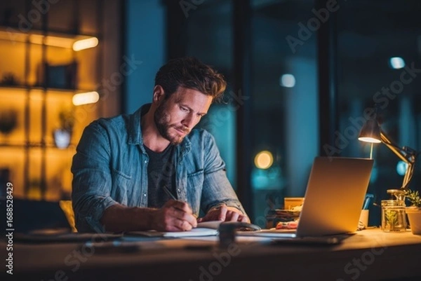 Fototapeta Man working late at home office on a laptop, planning startup finances with notebook and smartphone, cozy modern interior.