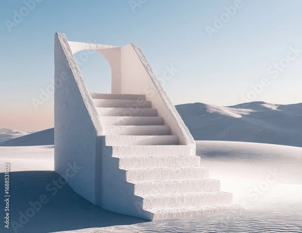 Fototapeta White steps ascend into an archway in a snowy landscape.