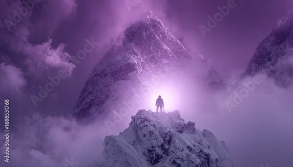 Fototapeta Solitary figure stands atop a snow-capped peak, bathed in ethereal light.