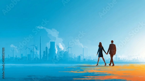 Fototapeta two people walking towards a city skyline with windmills reflected in water