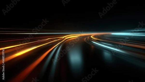 Fototapeta Abstract, vibrant,  speed lines of orange and teal light streaking across a dark, tunnel-like path