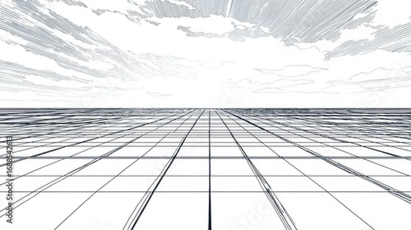 Fototapeta A vast landscape stretches out toward the horizon, featuring a grid pattern on the ground beneath dynamic clouds. The scene captures a sense of openness and depth in monochrome.