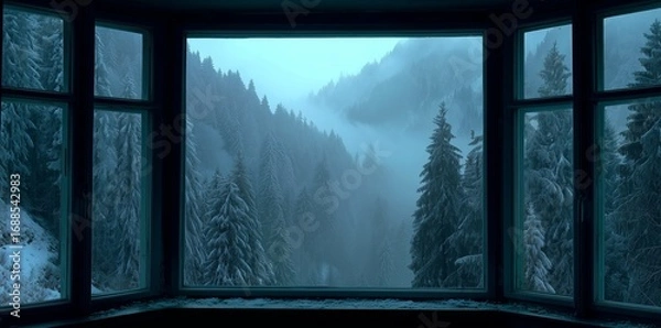 Fototapeta Looking through open window to foggy winter forest and distant mountains, dark grey color tones with soft light, hyper realistic wide view creating atmospheric cold season landscape scene