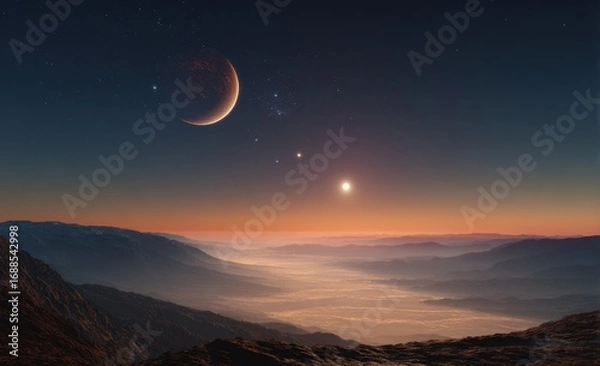 Fototapeta Alien landscape at dawn, with a crescent moon-like planet and distant sun