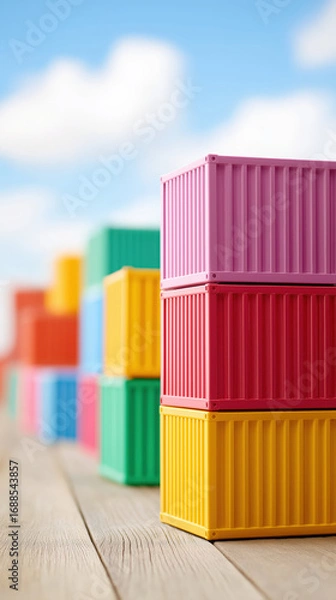 Fototapeta Vertical stack of colorful containers in outdoor yard under bright daylight with cheerful mood