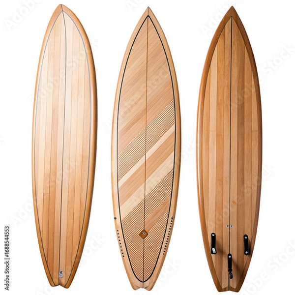Fototapeta Wooden surfboards with unique designs displayed on black backdrop for decor or surfing enthusiasts