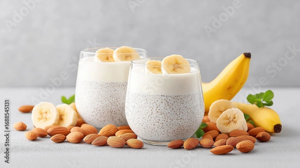 Fototapeta Creamy chia pudding with banana and almond served in glass cups on table for healthy vegan breakfast