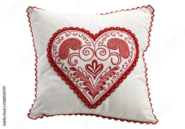 Fototapeta Elegant heart pattern pillow with intricate red embroidery and white fabric for home decor style