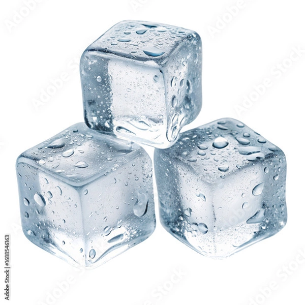 Fototapeta Close up photography of water droplets on transparent ice cubes isolated against black background