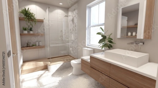 Fototapeta A sleek bathroom interior showcases a walk-in shower with clear glass, wooden shelves holding plants, and stylish fixtures, all illuminated by natural light coming through the window.