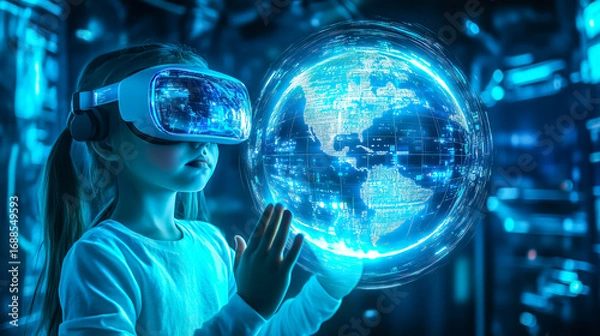 Fototapeta A girl wearing VR glasses interacts with a holographic globe. The concept of immersive learning, future technology, and global exploration through virtual reality. Generative AI.