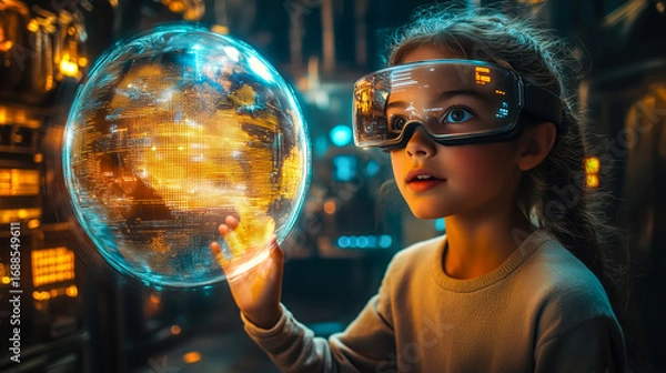 Fototapeta A girl wearing VR glasses interacts with a holographic globe. The concept of immersive learning, future technology, and global exploration through virtual reality. Generative AI.