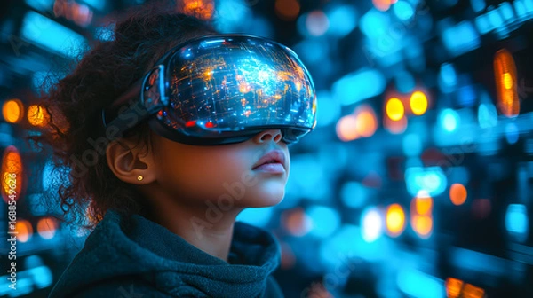 Fototapeta A girl wearing VR glasses interacts with a holographic globe. The concept of immersive learning, future technology, and global exploration through virtual reality. Generative AI.